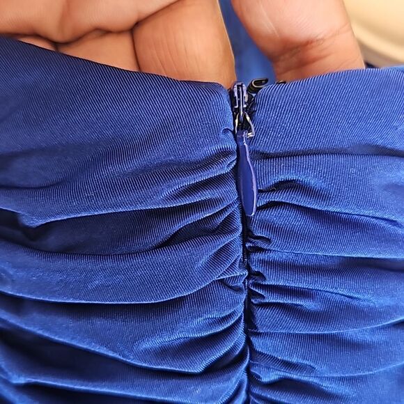 Jovani Rushed Halter Neckline With Faux Pearl Maxi Dress With Side Slit 12 Blue - Picture 8 of 16